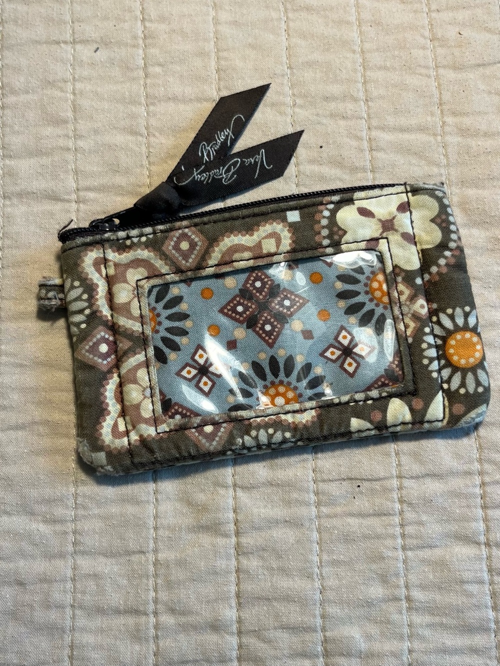 Vera Bradley Brown Floral Quilted ID Wallet with Blue Accent